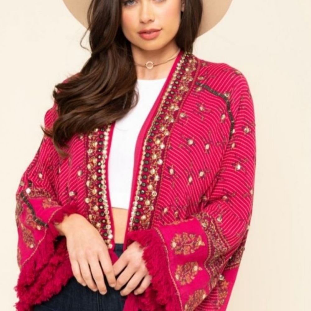 Free People Rare Embellished Rays Of Light Kimono Cape Cardigan Jacket Medium